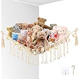 Stuffed Animal Hammock Macrame Boho Toy Hammock with LED String Light Hanging Stuffed Animal Organizer Wall Corner Toy Storag