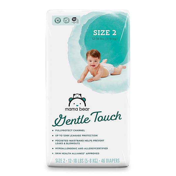 AMAZON BRAND – MAMA BEAR GENTLE TOUCH DIAPERS, SIZE 2, 46 COUNT, LEAK PROTECTION, WETNESS INDICATOR, CHLORINE FREE, POCKETED WAISTBAND