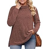 VISLILY Womens-Plus-Size-Tops Trendy Turtleneck Lightweight Sweaters Casual Long Sleeve Shirts Dressy Side Split Tunics 1X-5X