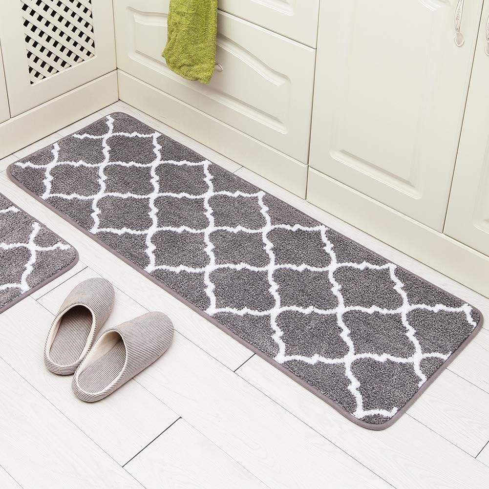 Carvapet 2 Pieces Microfiber Moroccan Trellis Non-Slip Soft Kitchen Mat Bath Rug Doormat Runner Carpet Set, 17"x48"+17"x24", Grey: Home & Kitchen