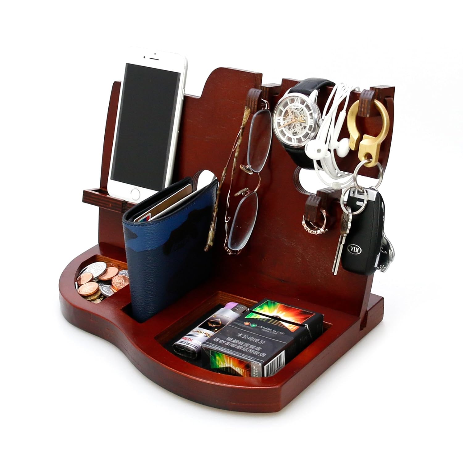 Red Wooden Phone Docking Station with Key Holder, Wallet and Watch Organizer Mens Gift