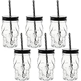 TOPZEA 6 Pack Mason Jars Mugs, 16 oz Glass Skull Mason Drinking Mugs Tumbler Cup with Straws Old Fashioned Jar Drinking Glasses Heavy Base for Beverage, Brandy, Liquor, Jello