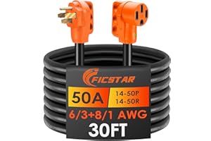 Ficstar 30FT 50 Amp RV Extension Cord Outdoor with Grip Handle, 125/250V, 12500W, 4 Prong, Heavy Duty 6/3+8/1 Gauge STW, NEMA 14-50P to 14-50R with LED Power Indicator & Polarity Lamp, ETL Listed