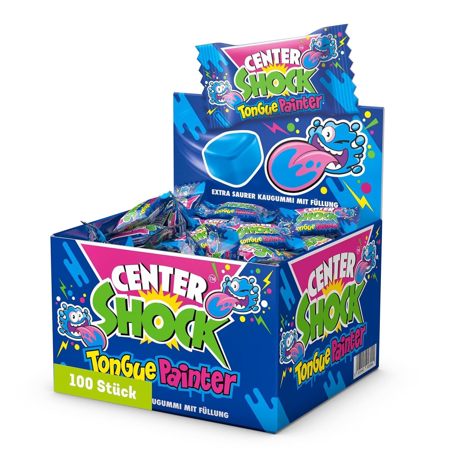 Center Shock Zungenmaler Pillow, Box mit 100 Kaugummis, Extra saurer mit Füllung, geeignet für Geburtstag, Pinata, Candy-Bar und Weihnachten, 400g