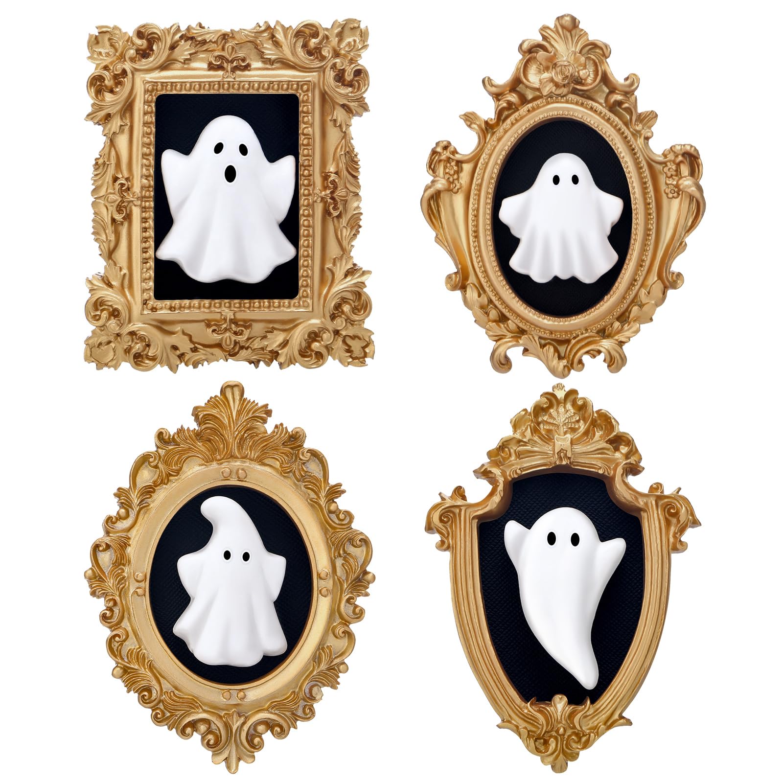Photo 1 of 4 Pcs Halloween 3D Ceramic Ghosts with Vintage Resin Framed Mini Cute Sculpture Statue Wall Decoration Small Scary Ghost Figurine Halloween Sculptures for Wall Living Room Bedroom Home Décor
