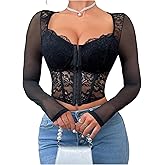 SweatyRocks Women's Corset Top Sheer Mesh Lace Sexy Going Out Crop Shirt Tops Club Outfits