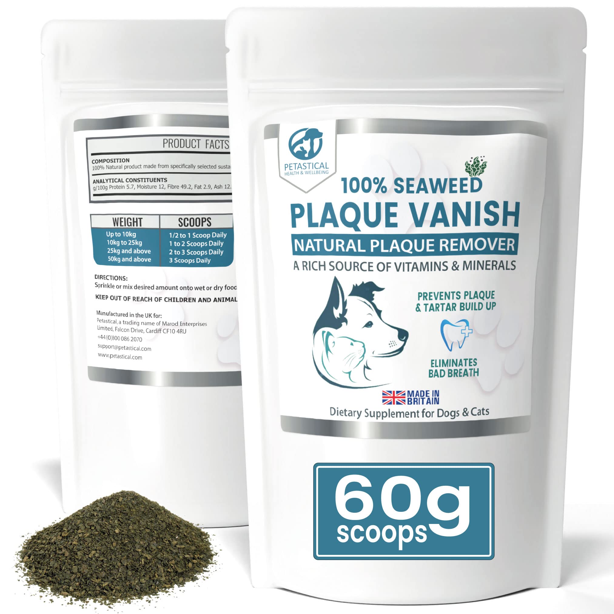 Petastical Plaque Vanish | 100% Natural Seaweed Dental Powder | Plaque Off Tartar Remover for Dogs & Cats | Banish Bad Breath | Made in UK (60g)