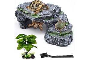 MoonOrange Turtle Basking Platform Kit, Reptile Habitat Hideout, Decorative Resin for Aquarium & Terrarium, Including Artificial Plant and Cleaning Brush. (A-Large-Black)
