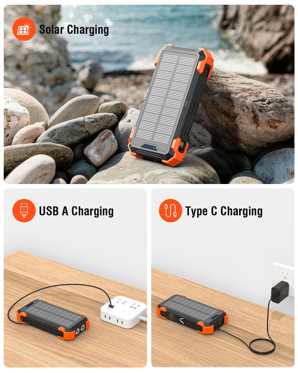 Solar Charger Power Bank, 42800mAh Wireless Portable Charger with USB-C in/Output, QC3.0 Fast Charging 15W 4 Ports Outdoor Battery Pack Built-in Dual Led Flashlights for iPhone Samsung etc
