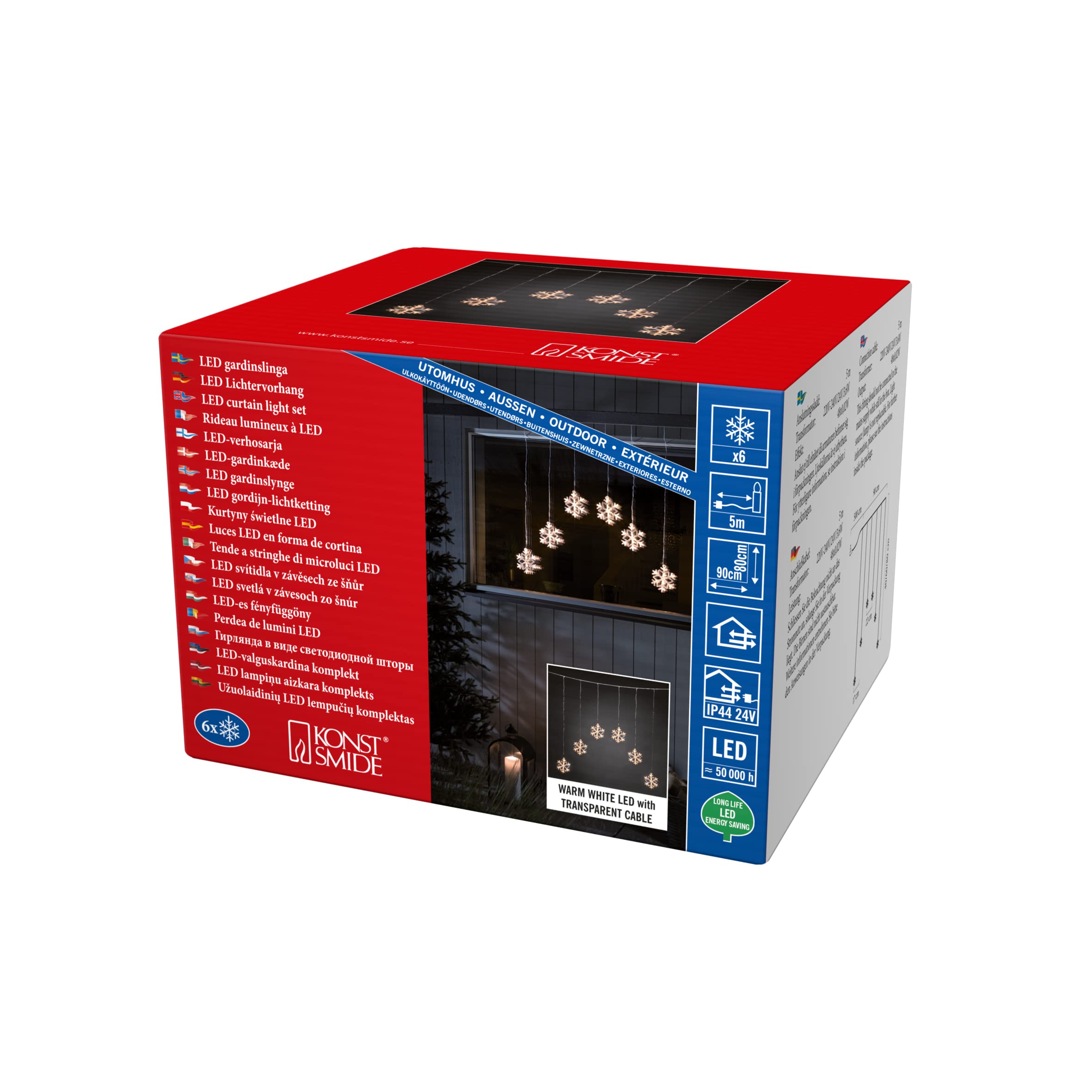 Konstsmide Christmas Window Lights/LED Snowflake Light Curtain/Outdoor or Indoor (IP44) / 48 Warm White Diodes/Transparent Cable, 4044-103EE