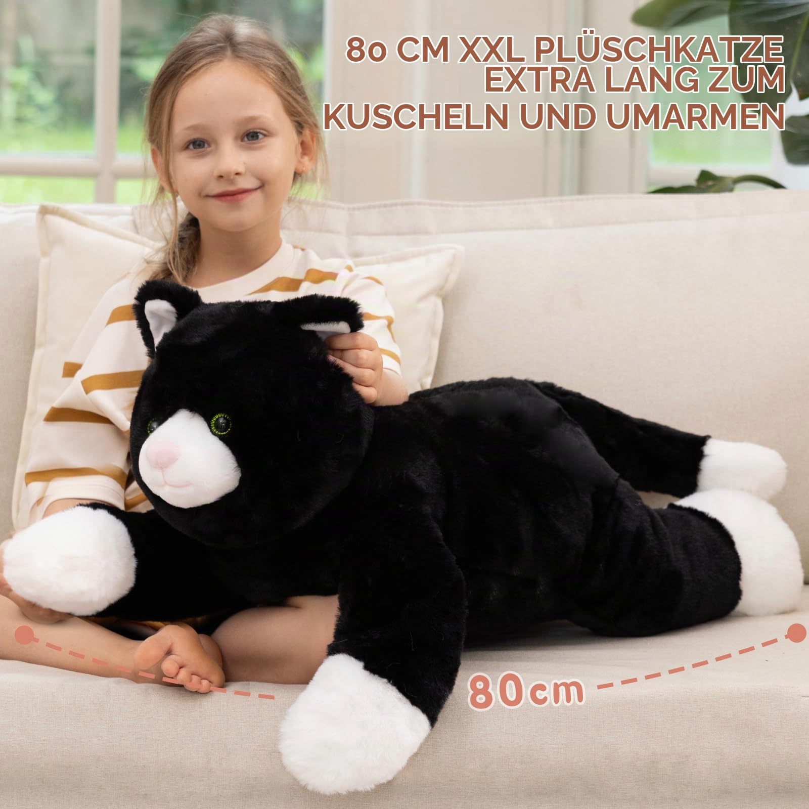 MorisMos Katze Plüschtier 80 cm Lang, Schwarzes Katzen Kuscheltier XXL, Weiches Plüschtier Katze Kissen, Liegende Katze Stofftier für Kinder, Mädchen, Jungen, Geburtstag Weihnachten Geschenk 2
