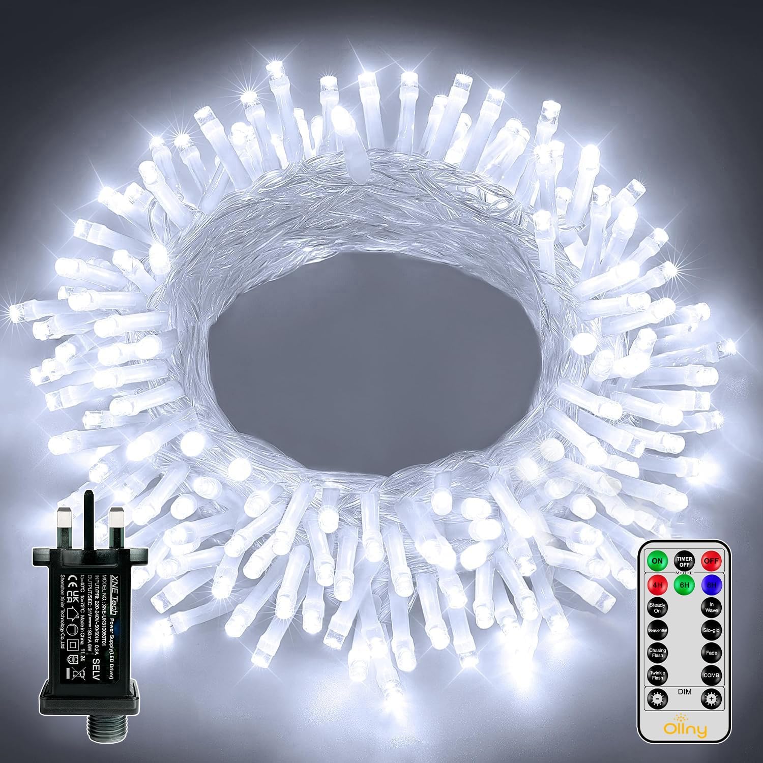 Ollny Christmas Tree Lights, 10m 100 LED Fairy Light Mains Powered, Waterproof Outdoor String Light with Remote/Plug/Modes/Timer, Bright Cool White Lighting Outside Indoor Garden Xmas Decorations — image 1