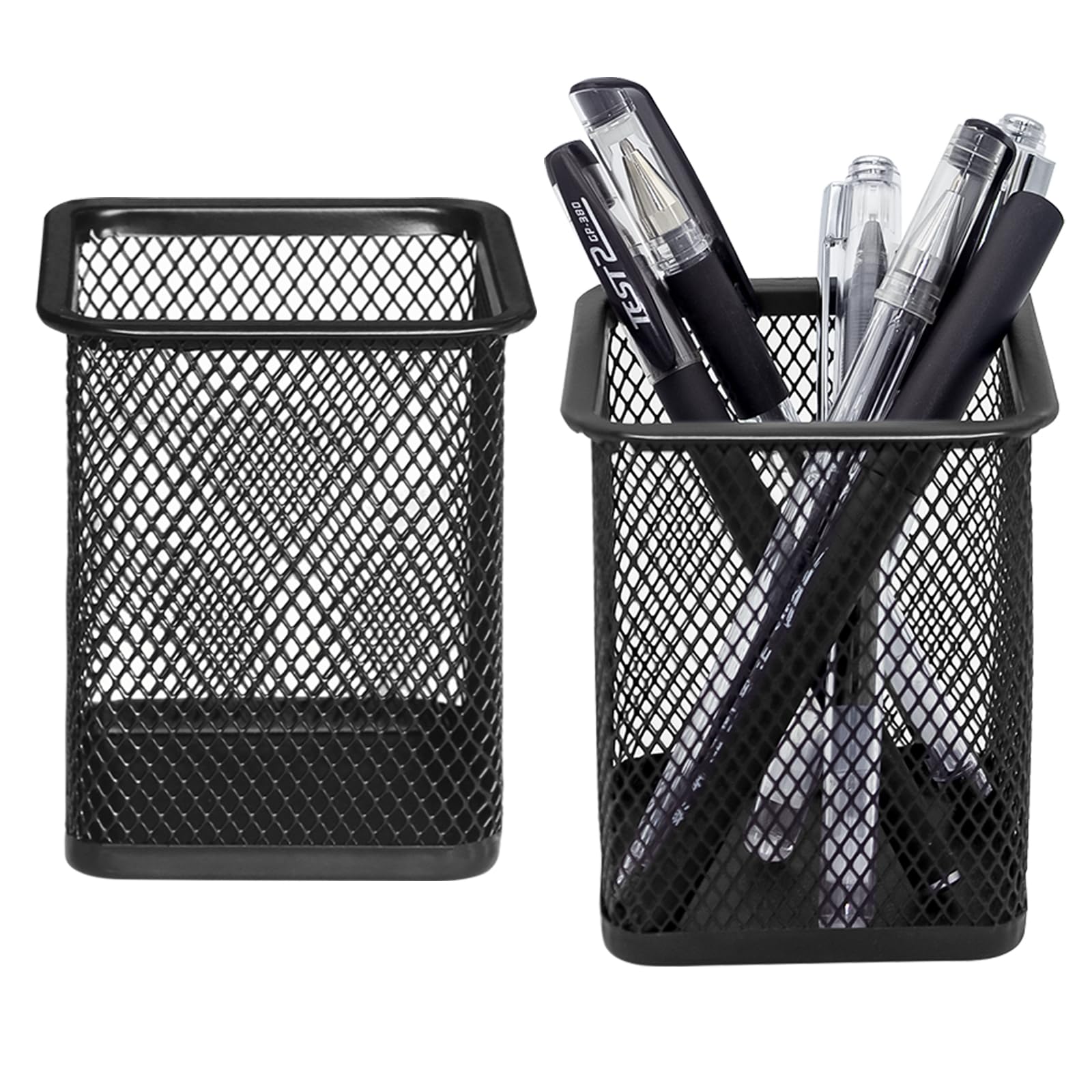 DARUITE Pen Pot, 2PCS Square Metal Mesh Pen Holer for Desk, Multifunctional Pencil Pot, Desk Tidy Organiser for Office Home School, Black