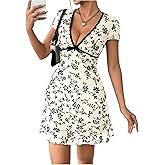 SHENHE Women's Y2k Floral Print Deep V Neck Short Sleeve Fit and Flare Vintage Mini Dress