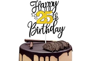 NUWDHP Happy 25th Birthday Cake Topper - Black Gold Glitter Cake Topper Versatile Charm for 25 Years Old Birthday Celebration, Cake Decorations Supplies for Happy 25th Birthday Anniversary
