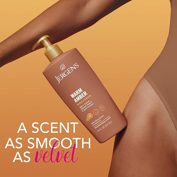 JERGENS SHEA FUSION WARM AMBER SCENTED LOTION, MOISTURIZING BODY LOTION WITH SHEA BUTTER AND VITAMIN E, 14 FL OZ