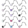 MILACOLATO Hypoallergenic Nose Rings 15Pcs 18G 20G Surgical Stainless Steel Nose Rings Studs L Shaped Screw Studs Rings Cubic Zirconia Nose Ring Labret Lip Nose Piercing Jewelry for Women Men