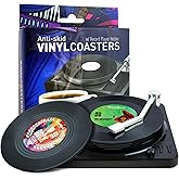 Funny Retro Record Coasters for Drinks with Vinyl Player Holder for Music Lovers,Set of 6 Conversation Piece Sayings Drink Coaster,Housewarming Hostess Wedding Registry Gift Ideas