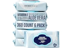 RPE Life Flushable Wet Wipes - 6 Large Packs (360 Ct) - Unscented Extra-Large Body & Hand Tissue with Vitamin E & Aloe - For Adults, Children & Kids - Ideal for Home, Bathroom, Car & Everyday Hygiene