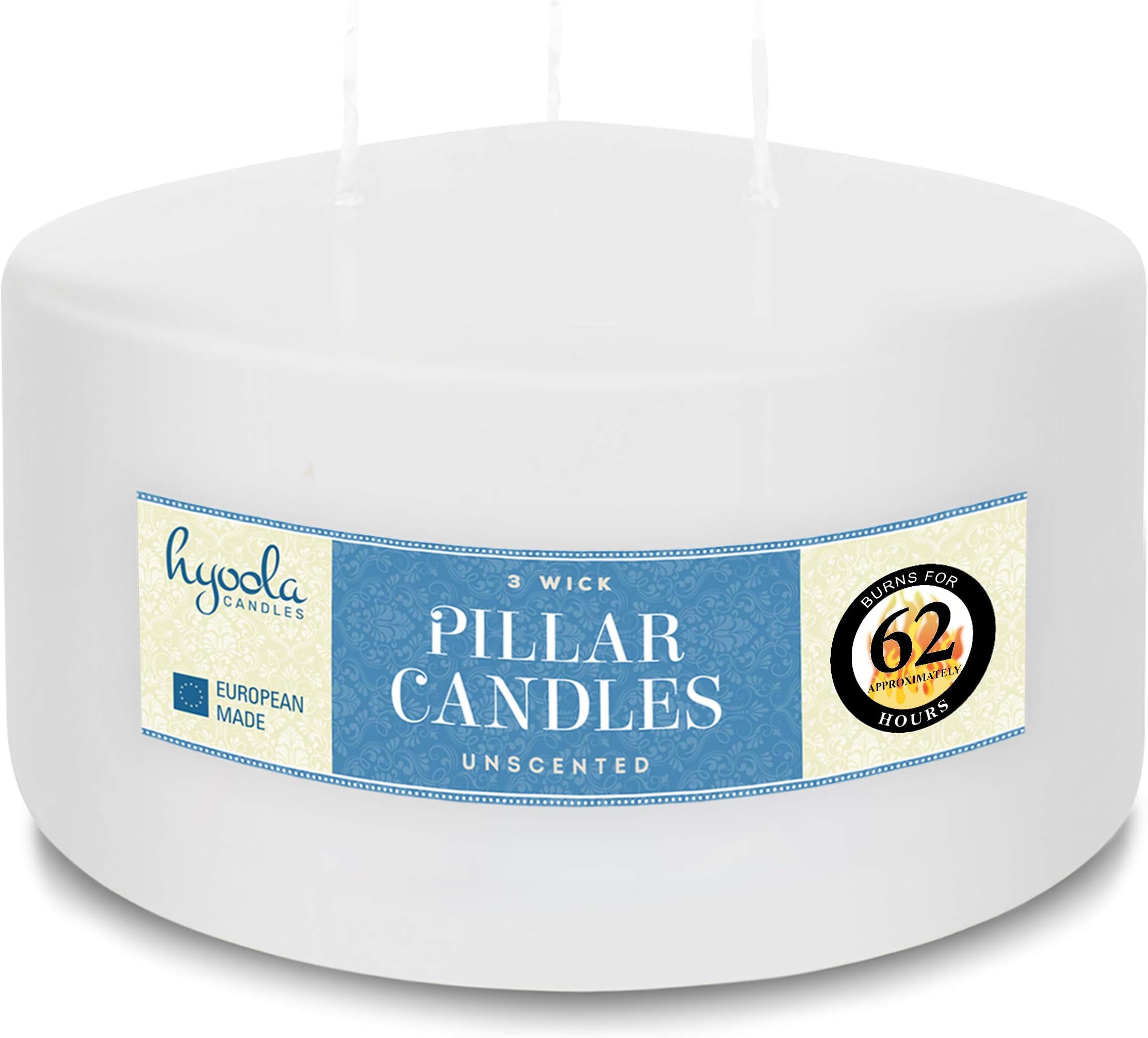 Hyoola White Three Wick Large Candle - 6 x 3 Inch - Unscented Big Pillar Candles - 62 hour - European Made