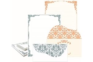 Anzon Mories 96 Piece Stationary Set (64 Sheet Paper and 32 Envelope) Both Side Line Vintage Ivory Lace pattern 2 Color Navy Orange Gold border Stationery Letter Writing Paper 8.5 x 11 In College Rule
