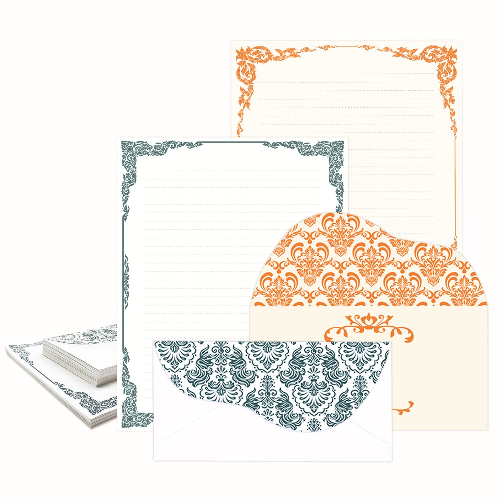 ANZON MORIES Vintage Ivory Stationary Paper 64 Double-Sides Lined Sheet and 32 Envelope Set, Lace Pattern 2 Color Navy Orange Gold Border Stationery Letter Writing Paper 8.5 x 11 in College Ruled