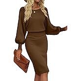 MIROL Women's Casual 2026 Long Puff Sleeve Solid Bodycon Midi Dress Ribbed Knit Oversized Pullover Sweater Dress