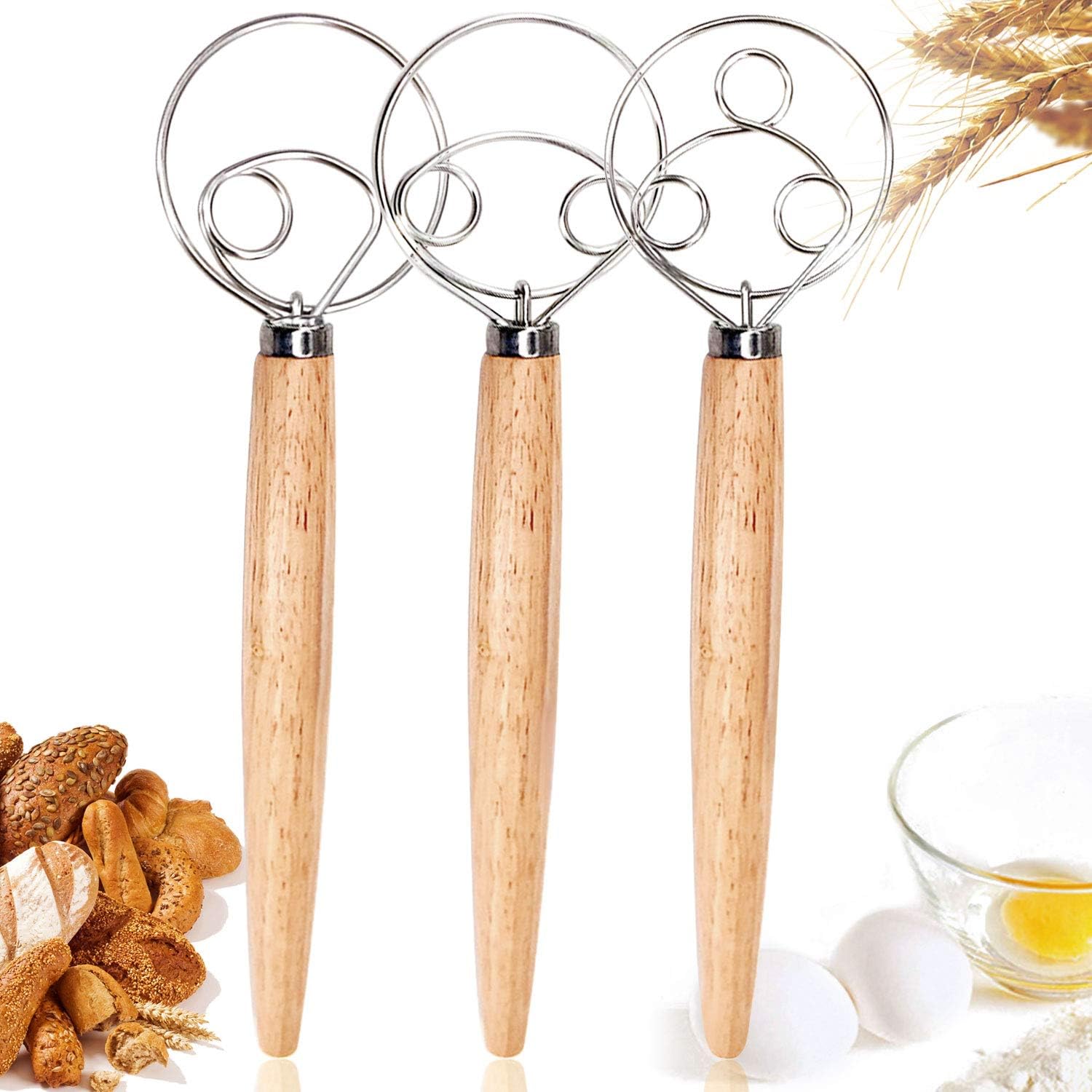 3PCS Danish Dough Whisks, Kalolary Premium Mixing Whisk