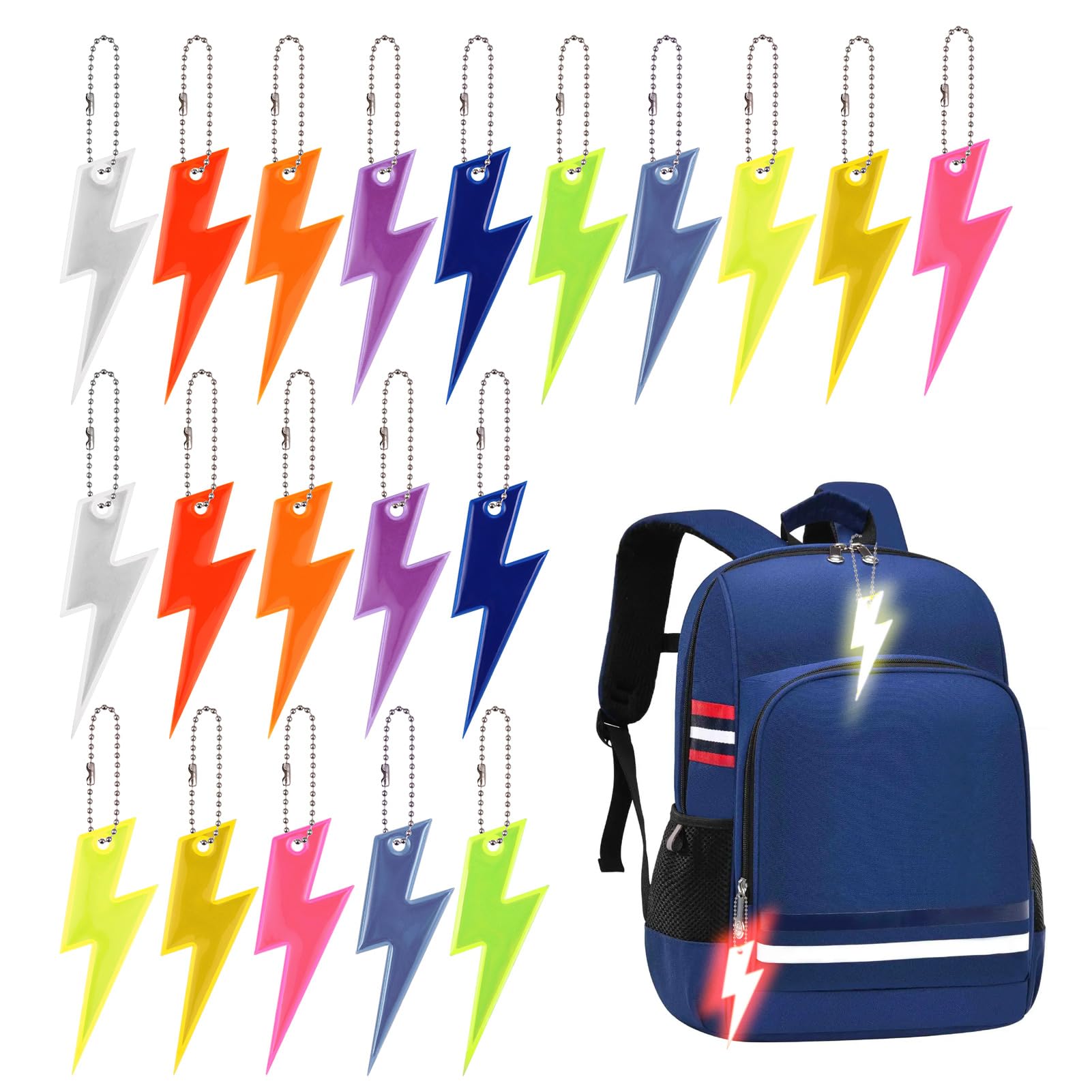 Zocipro 20Pcs Safety Reflector Pendants, 10 Colors Lightning Reflector Pendant with Chains, Kids Waterproof Reflective Keychain for School Bag, Backpacks, Walking, Running, Cycling