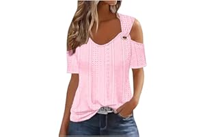 FLOLEO Womens Summer Tops Eyelet Cold Shoulder Shirt Button Down Henley Shirts Vacation Trendy Vneck Blouse Boho Comfy Shirts