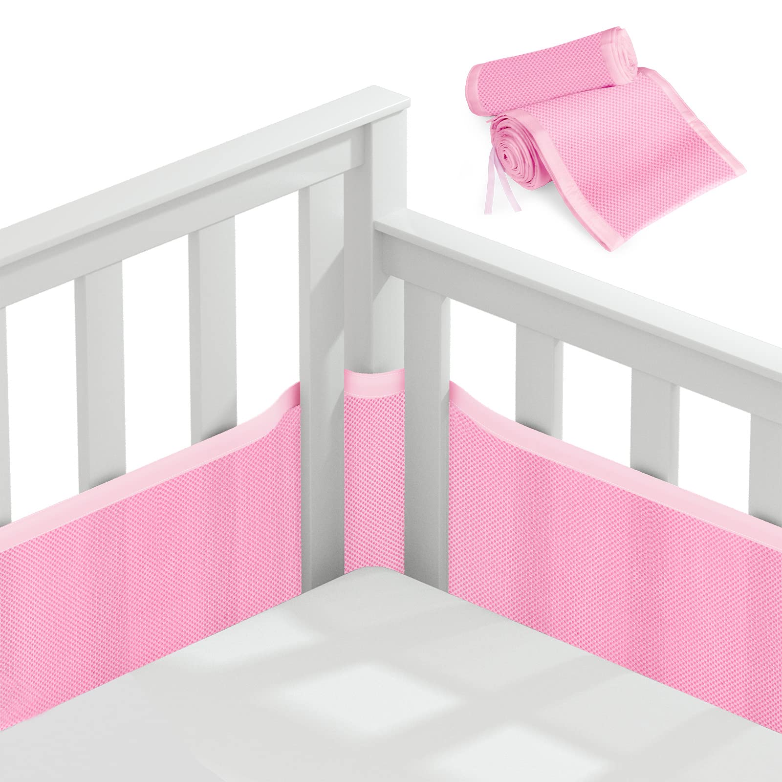 Vicloon Cot Bumper, 2Pcs Breathable Mesh Cot Liner, Crib Rail Cover Baby Crib Bumper, Baby Boys Girls Nursery Breathable Crib Bed Liner Bumper (Pink