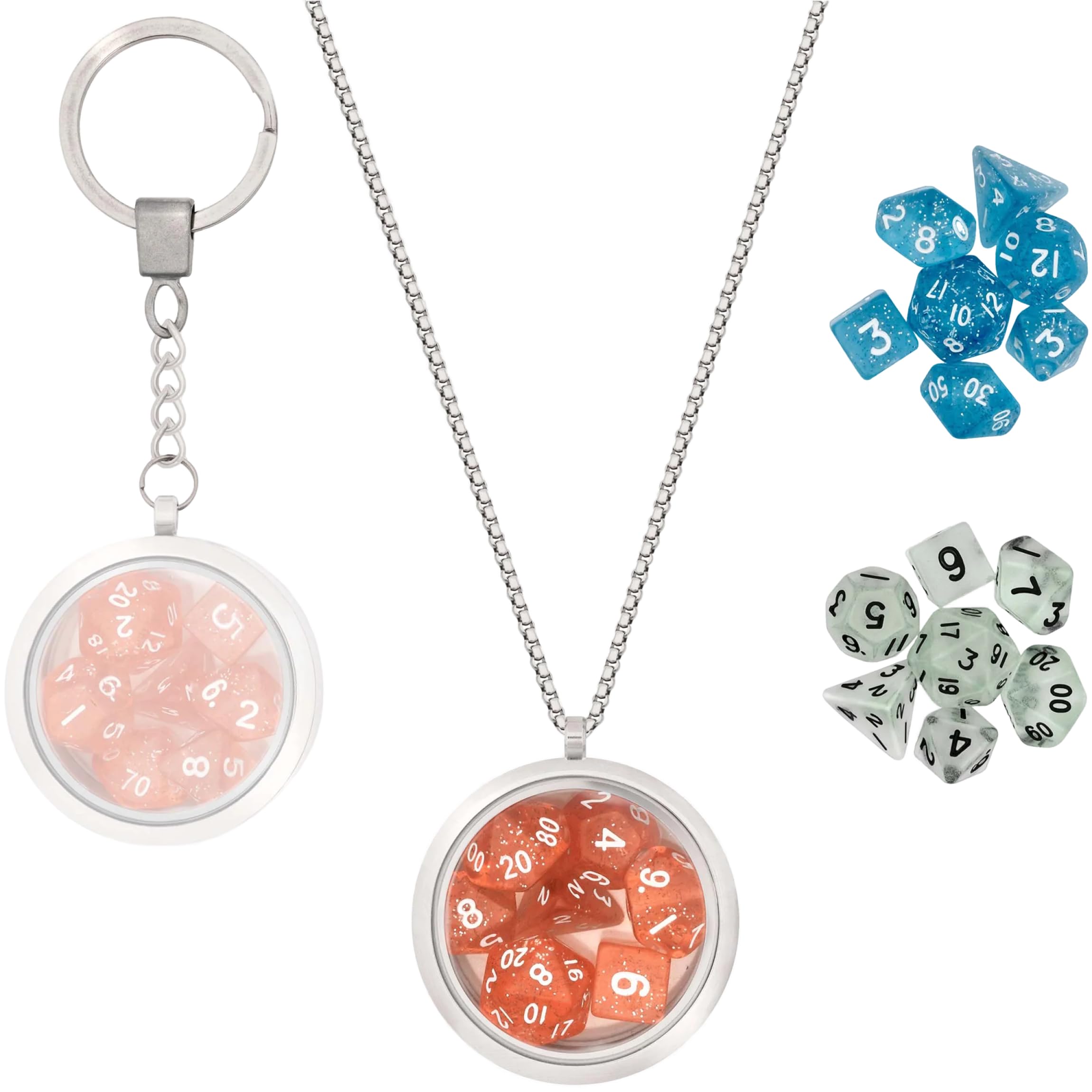 LYNX DND Dice Set Locket/Keychain - 3 Polyhedral Mini Sets Included Perfect RPG/Dungeons & Dragons (D&D) Accessories Gifts. Tiny/Micro Red, Blue Clear Have D20 D12 D10 D8 D6 Sided Dice., Silver