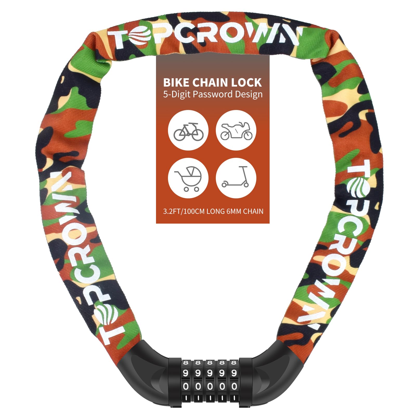 3 ft Long High Security Heavy Duty Anti Theft Bike Chain Lock, 5 Digit Combination Resettable Keyless Bicycle Lock for Bike/Electric Scooter/Ebike/Motorcycle (Camouflage)