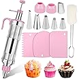 Icing Decoration Gun Set Cake Decorating Tools Dessert Decorator Syringe 6 Russian Piping Icing Nozzles 3 Cream Scraper Stainless Steel Cupcake Frosting Filling Injector Cake Icing Tool(Pink)