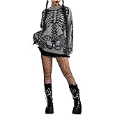 BEAUDRM Women's Skeleton Graphic Sweater Oversized Grunge Punk Crew Neck Long Sleeve Gothic Knitted Pullover Tops