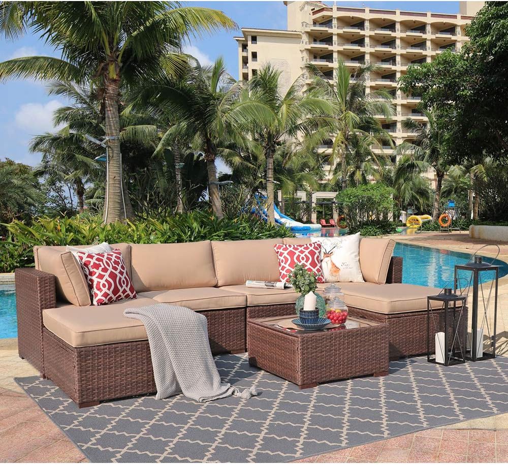 Patiorama 7 Piece Outdoor Furniture, All Weather Brown Wicker Sectional Sofa Set with Corner Sofa Chair Ottoman Table, Beige