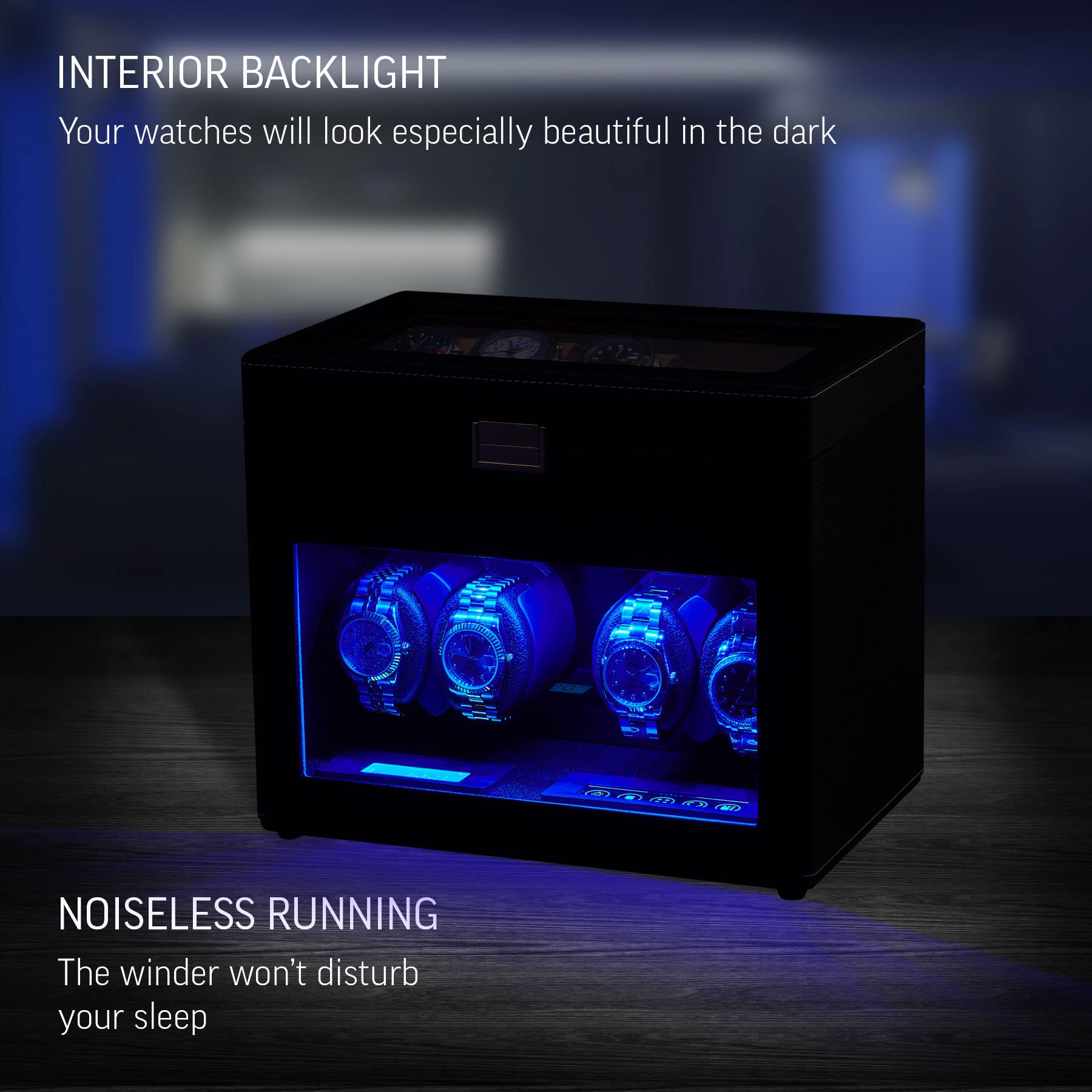 4 Watch Winder with 6 Storage Slots, Jewelry Organizer and LED Interior Light