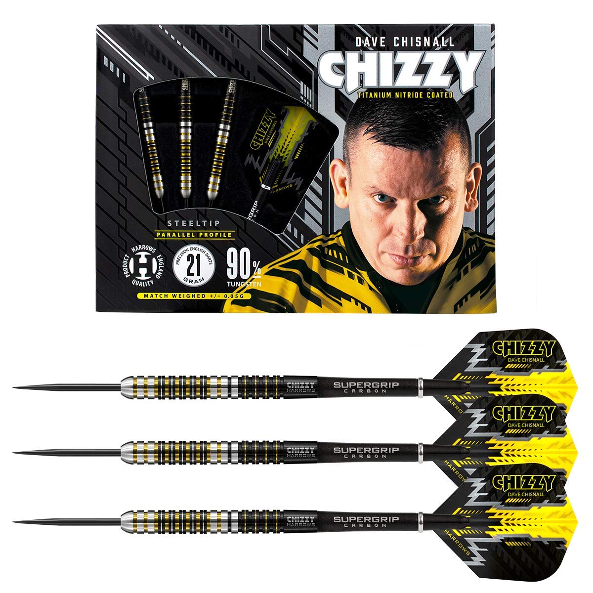 Harrows Dave 'Chizzy' Chisnall 90% Tungsten 21g Steel Tip Darts Set with Quick Point Change System - Includes Supergrip Carbon Shafts & Chizzy Flights (22g)