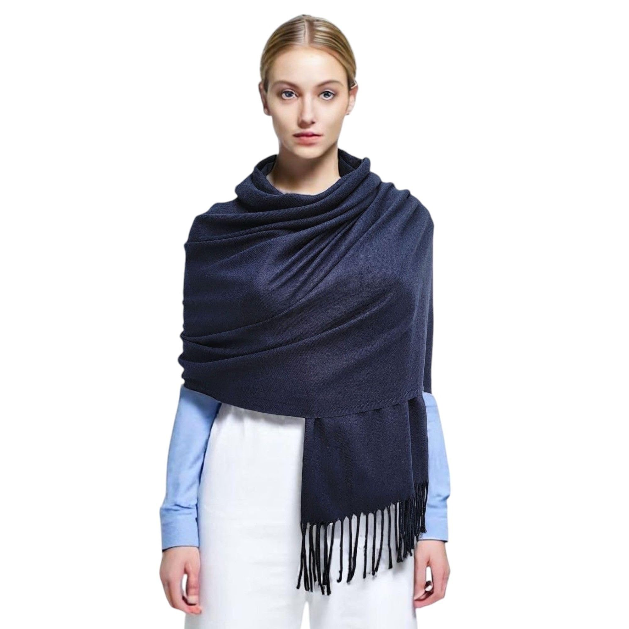 GFM® Pashmina Style Scarf Wrap for Women – Soft Lightweight Ladies Shawl for Wedding, Evening Dress, Bridesmaid & Bridal Wear – 200 x 72 cm - Navy Blue - (DRV)(Pash-B9-88-GHNL)