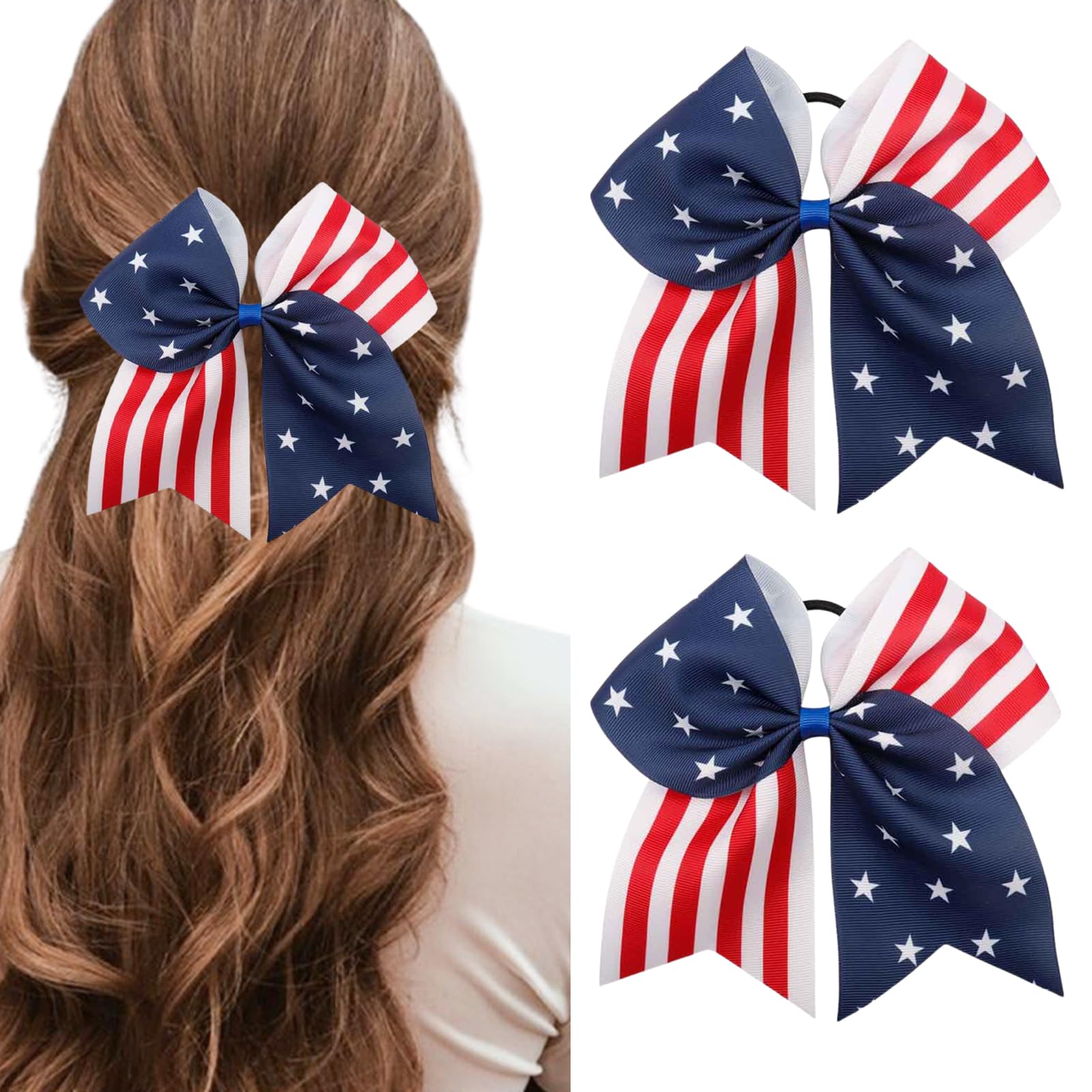 Photo 1 of 2PCS American USA Flag Cheer Bows for Girls 8inch 4th of July Independence Day Ponytail Holder Hair Ties Patriotic Flag Festival Hair Bow With Elastic Ponytail Holder Stars and Stripes Hair Tie Band
