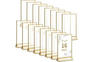 Smarpau 5x7 Gold Acrylic Sign Holder 16 Pack Gold Frame Table Number Holders Vertical Double Sided Picture Frames Table Menu Stand Flyer Display for Home Office