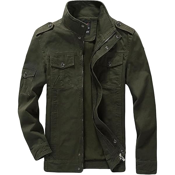 Men's Stand Collar Cotton Cargo Jacket Full Zip Outdoor
