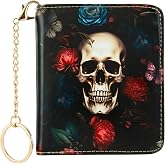 AIRMORS Cute Small Wallet for Women, Digital Print Slim Bifold Card Holder, Mini Pocket Purse with Keychain, ID Window & Coin Zip Man Credit Card Organizer (Flower Skull)