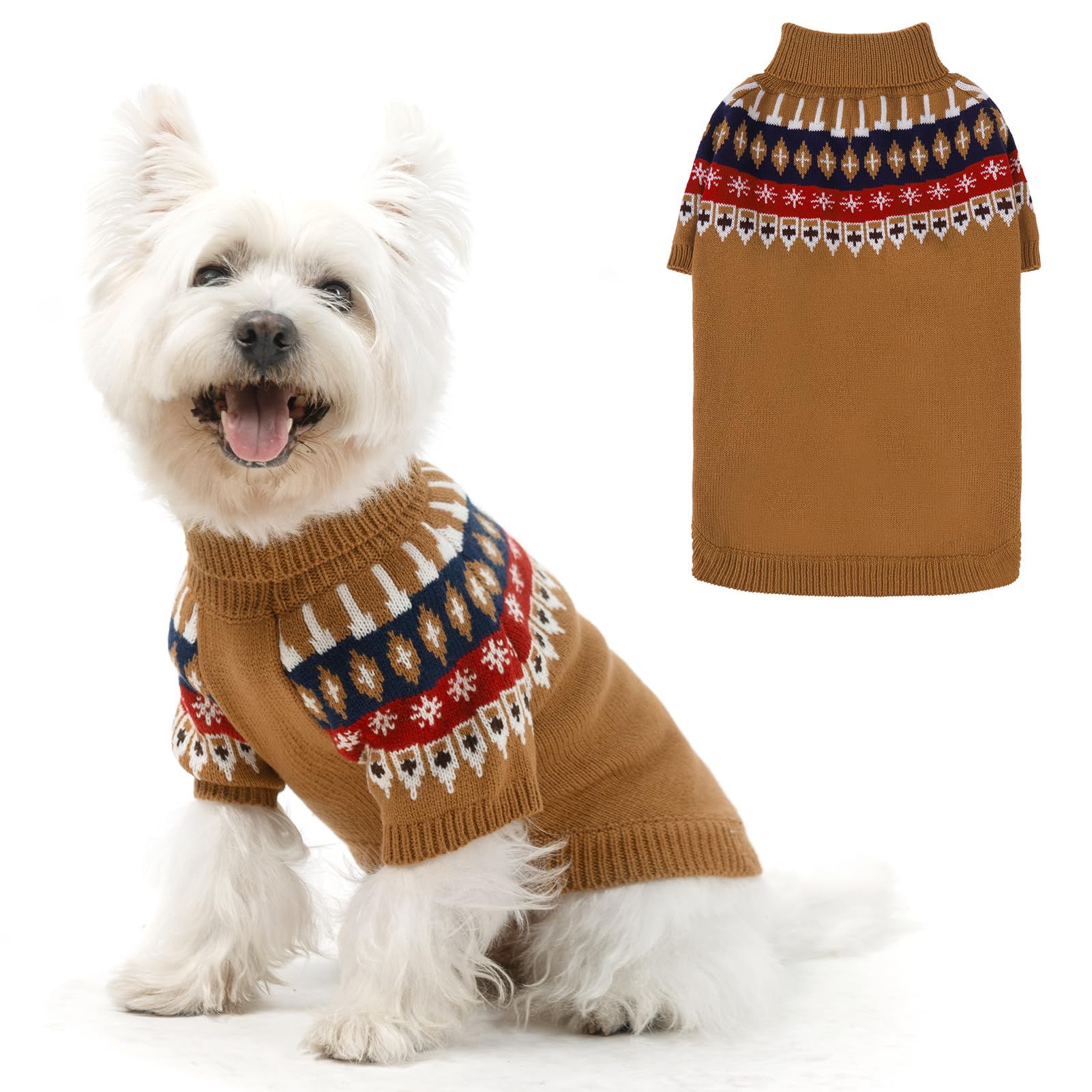EXPAWLORER Turtleneck Dog Jumper - Knitted Dog Clothes in Classic Fair Isle Patterns, Warm Comfortable Puppy Jumper Pet Sweater with Sleeves, Winter Pet Outfit Pullover for Dogs Cats, Beige Small