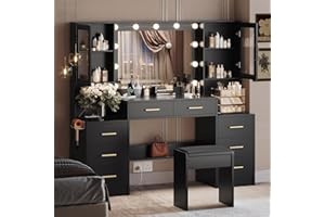 TOKSOM Black Vanity Desk with Mirror, Lights & Charging Station, 58.3" 3 Lighting Modes Makeup Desk with 8 Drawers, 2 Cabinets and Lots Storage, Dressing Table Vanity Set with Lighted Mirror