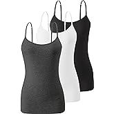 Air Curvey 3 Pack Camisole Tops for Women Built in Bra Adjustable Strap Soft Cotton Undershirt Tanks Seamless Layering Tops