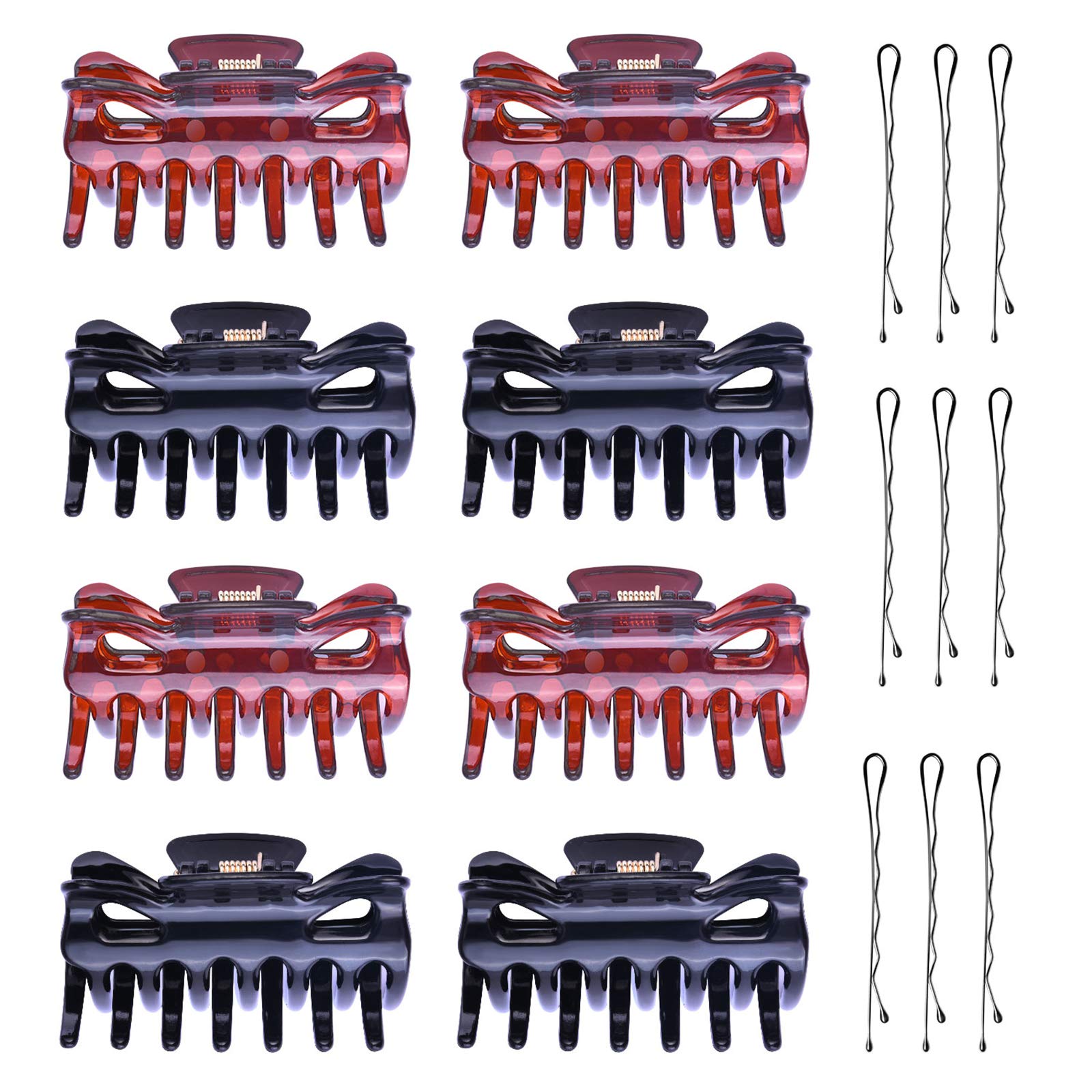Hair Claw, 8pcs Large Claw Hair Clips Strong Plastic Hair Clamp for Women Thick Fine Hair with 9pcs Hair Pins（Black & Brown）