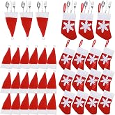 Sawysine 36 Pcs Christmas Silverware Holders Santa Hat Stocking Flatware | Xmas Party Table Decor, Holds Fork Spoon Knife, Holiday Dinner Organizers, Red White Hat and Snowflake Stocking Design