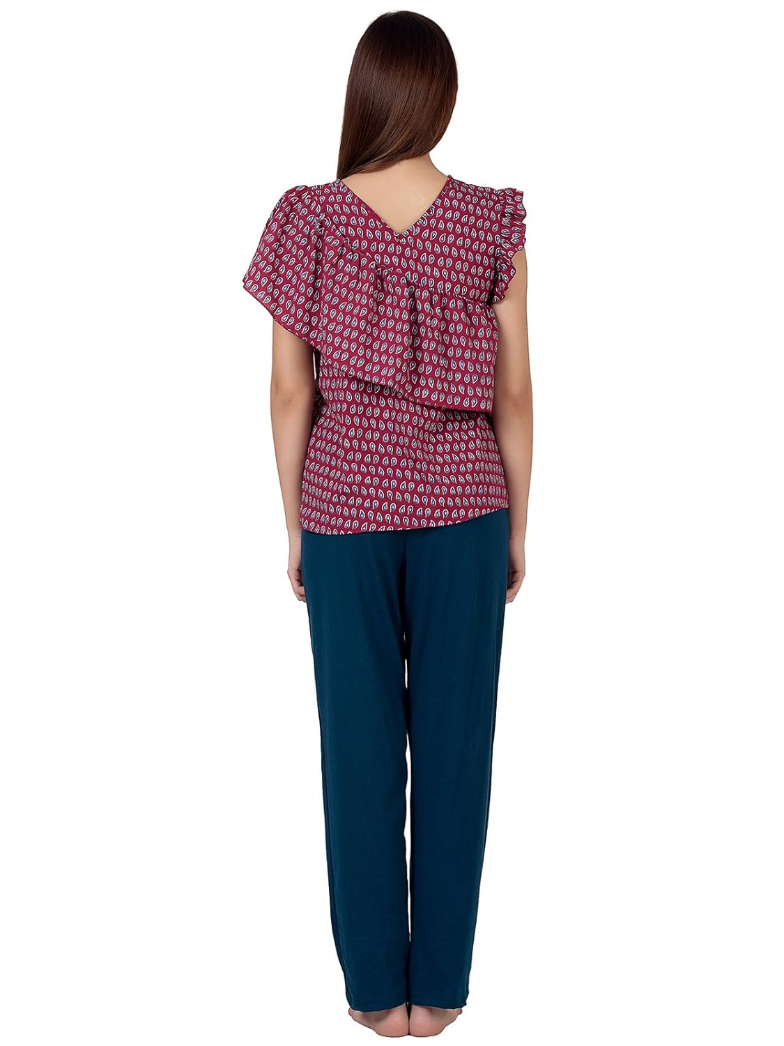 clovia women's crepe printed frilled top & cotton rich pyjama