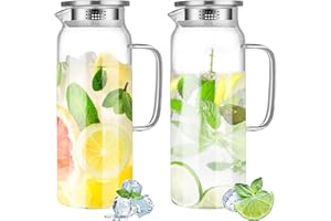 2 Pack Glass Water Pitcher, 2 L Glass Pitcher with Lid and Handle, Clear Iced Tea Pitcher Glass Milk Pitcher Heat Resistant W